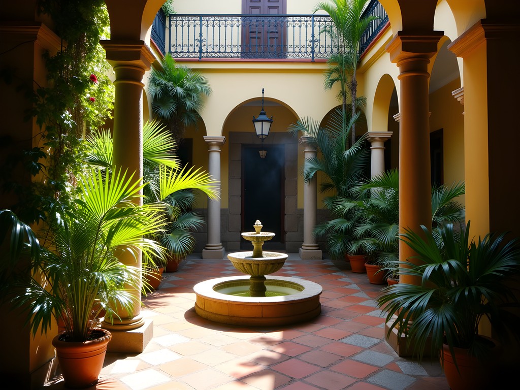 Lush interior courtyard of Mansion Alcázar boutique hotel in Cuenca with colonial architecture and vibrant flowers
