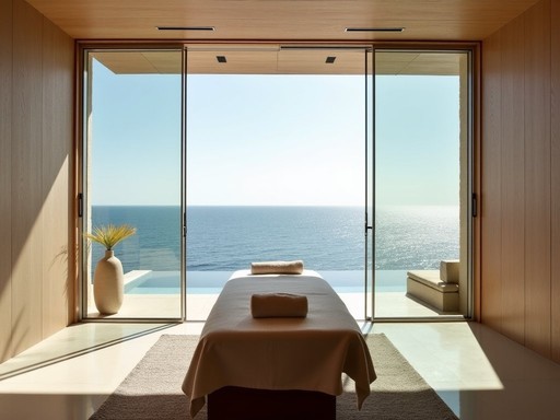 Stunning oceanfront infinity spa treatment room with retractable glass walls at boutique hotel in Dakar
