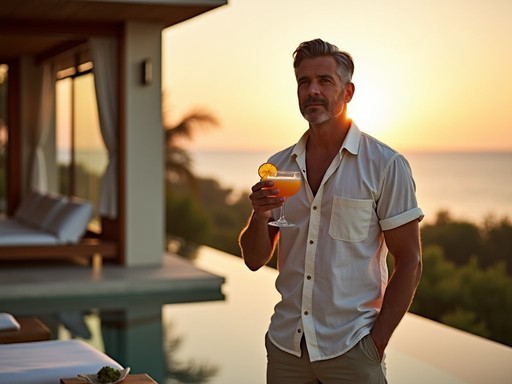 Dylan Turner enjoying sunset cocktails on private ocean terrace at luxury boutique hotel in Dakar