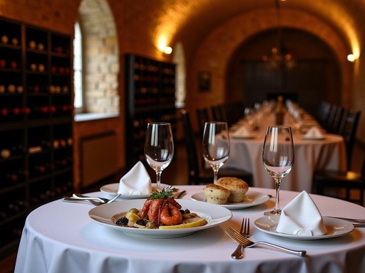 Intimate private wine cellar dining setup at historic Vanderbilt boutique hotel in Newport