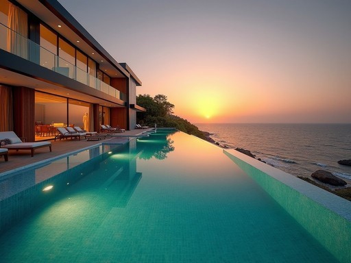 Infinity pool merging with Atlantic Ocean at Ocean Numerique boutique hotel in Dakar
