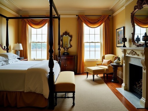 Harbor view suite with gilded age decor and hidden smart technology at The Vanderbilt boutique hotel in Newport