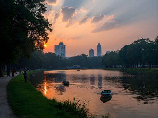 Evening view of Dhanmondi Lake in Dhaka with locals strolling along waterside paths