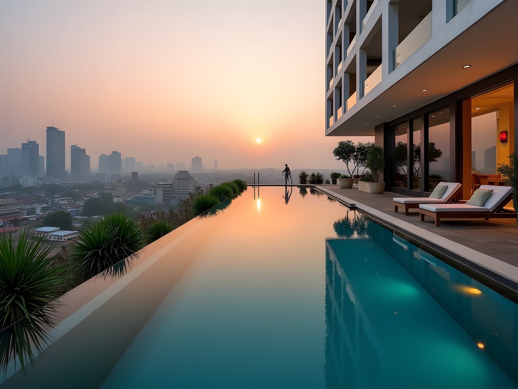 Rooftop infinity pool at The Westin Dhaka overlooking the city skyline at sunset