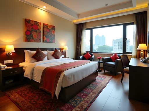 Boutique hotel room in Dhaka with traditional Bangladeshi textiles and modern amenities