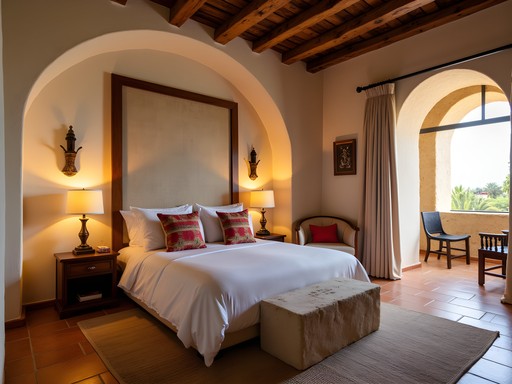 Interior of a luxury hotel room in a converted historic olive mill in Djerba with original stone architecture