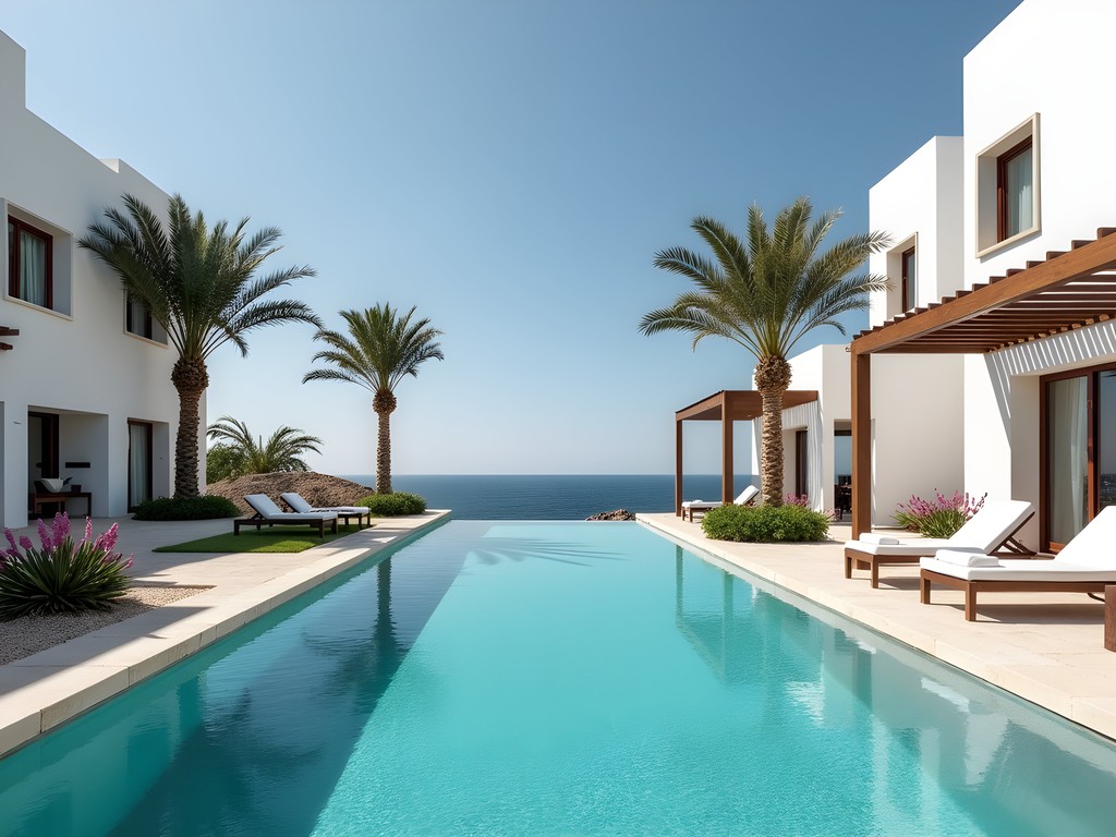 Sustainable architecture of a luxury eco-resort in Djerba with infinity pool overlooking the Mediterranean