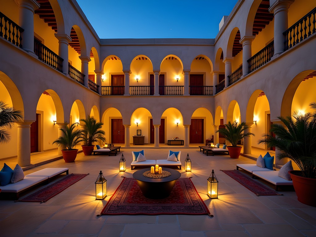 Evening in the atmospheric courtyard of a converted fondouk hotel in Djerba with lanterns and traditional architecture