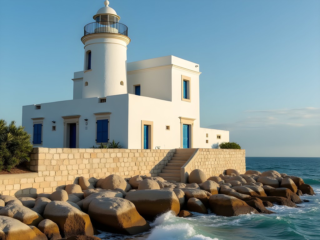 Historic Taguermess Lighthouse and keeper's quarters accommodation on Djerba's rugged coastline