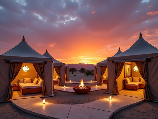 Luxury desert camp in southern Djerba at sunset with traditional tents and modern amenities