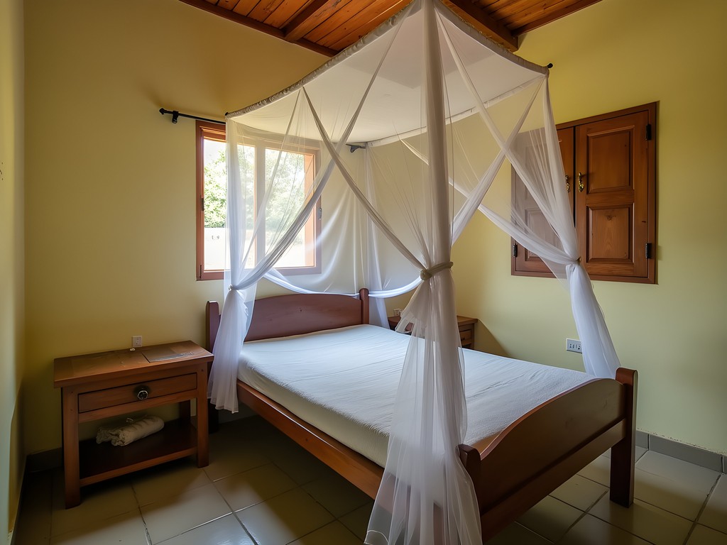 Simple but clean room at Chez Madeleine guesthouse in Dolisie with mosquito net and wooden furniture