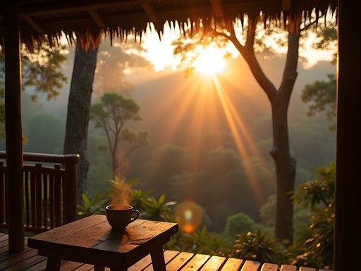 Sunrise view from Mayombe Eco-Lodge with wooden bungalow and misty forest background