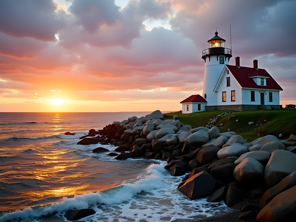 Historic Eagle Harbor Lighthouse at sunset with Lake Michigan waters reflecting golden light