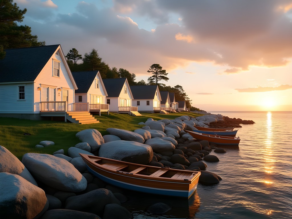 Row of historic white fisherman's cottages along Door County shoreline at sunset with fishing boats visible
