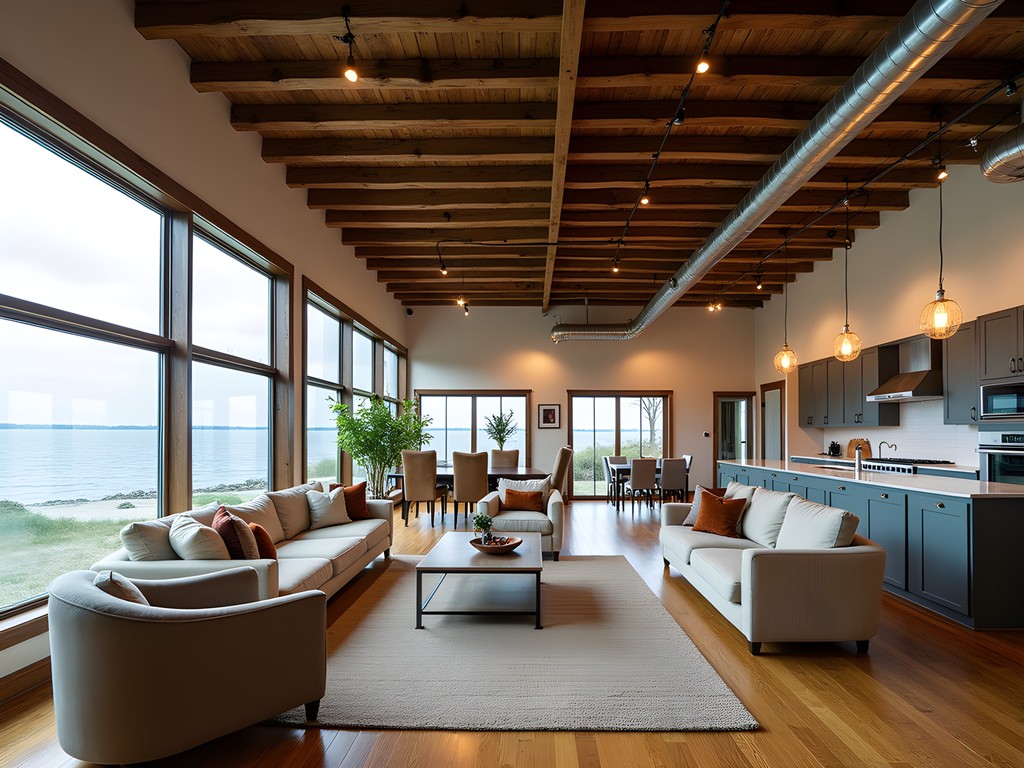 Interior of converted granary loft showing exposed wooden beams, industrial elements, and modern furnishings