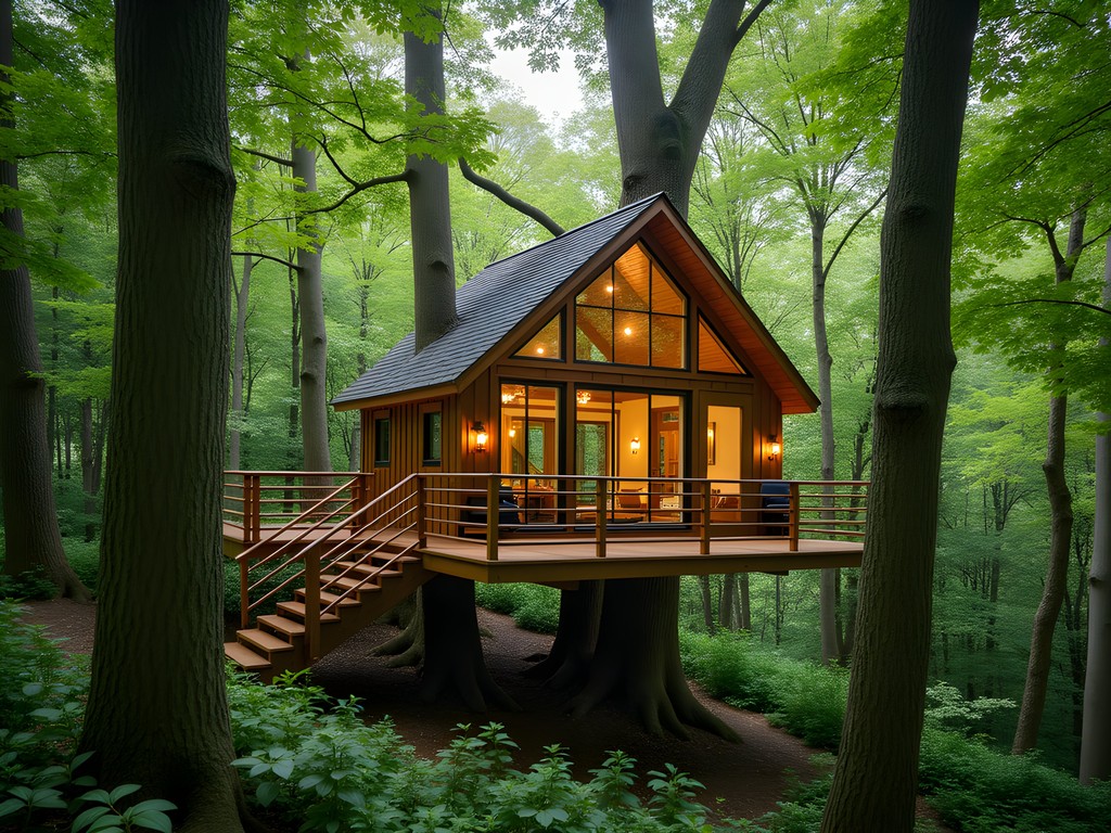 Modern treehouse accommodation with large windows nestled among maple trees in Door County