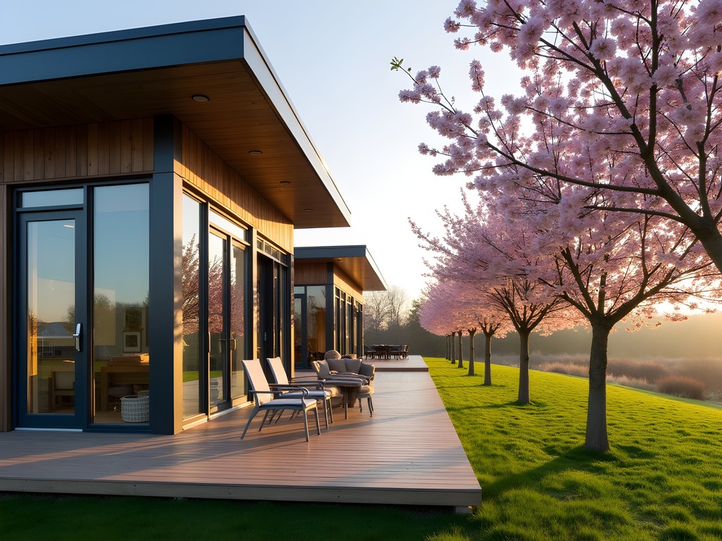 Modern glass and wood guest house with large windows overlooking rows of cherry trees in bloom
