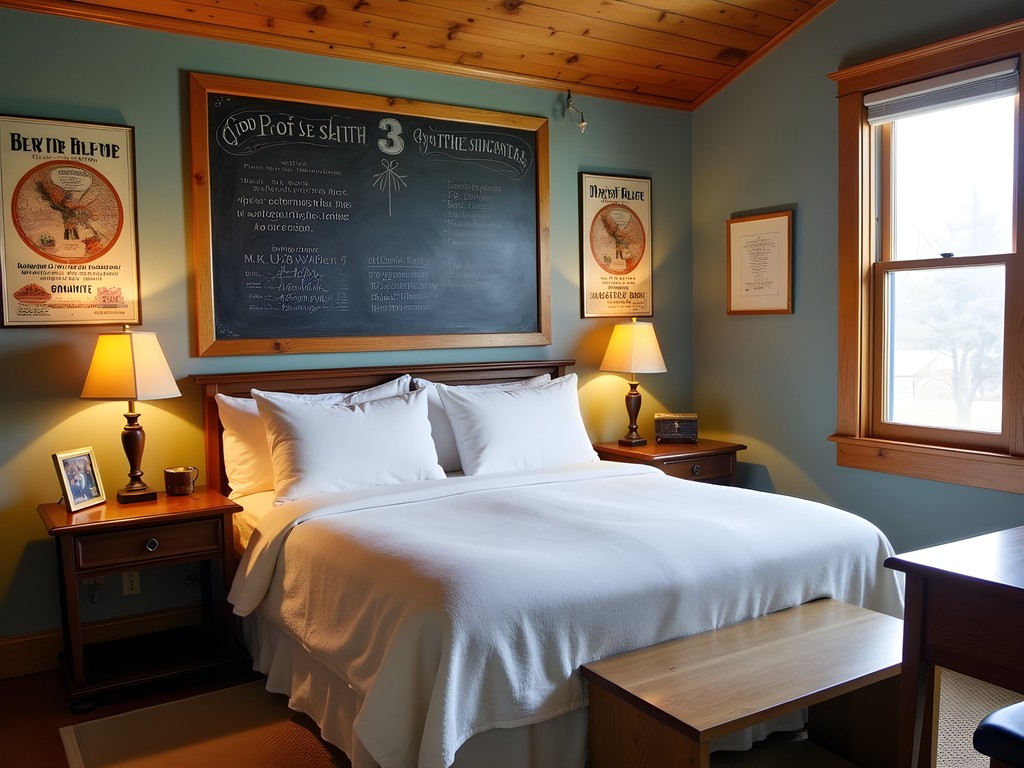 Interior of repurposed schoolhouse suite showing original architectural elements with modern furnishings