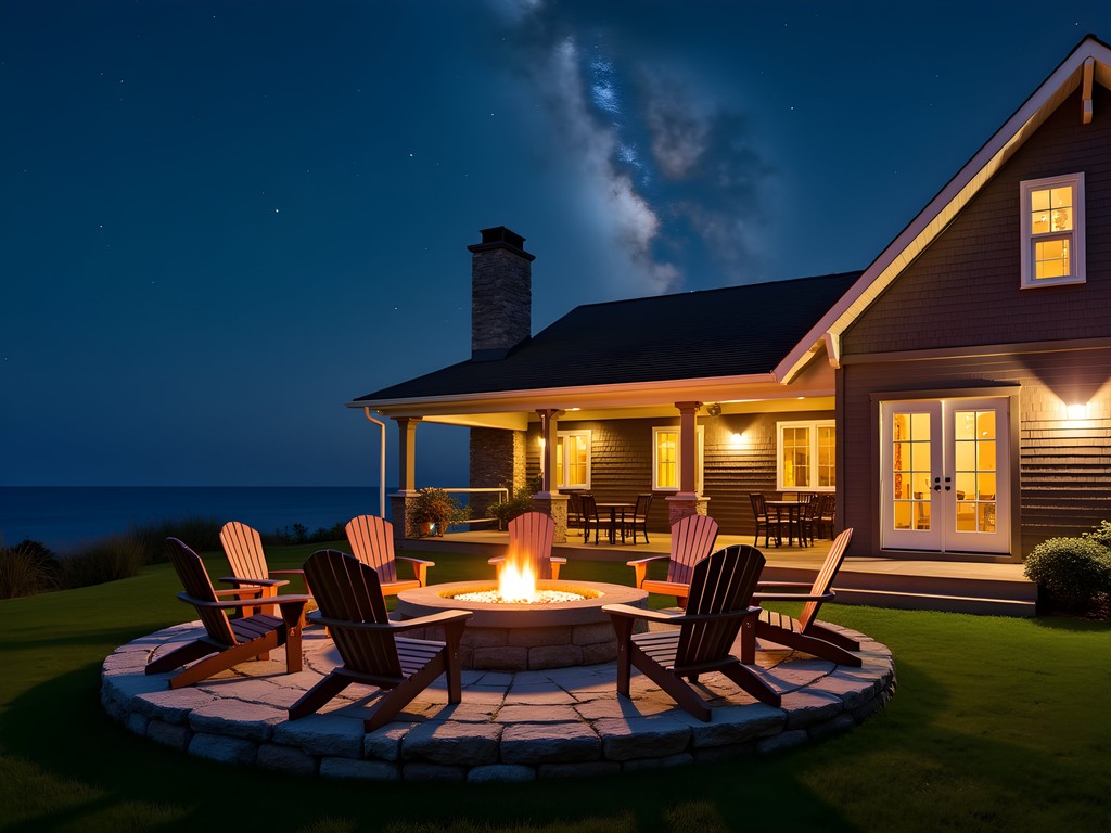 Couple stargazing by a fire pit outside a modern boutique inn in Door County with visible stars overhead