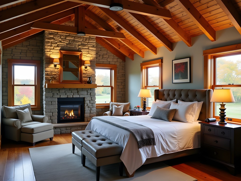Interior of a luxury suite in a converted historic barn with exposed beams and fireplace in Door County