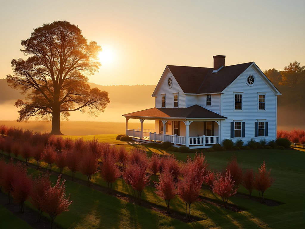 Historic farmhouse accommodation with apple orchard in peak fall colors at sunrise in Door County