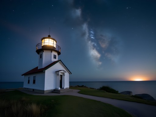 Eagle Bluff Lighthouse under a star-filled night sky with visible Milky Way in Door County
