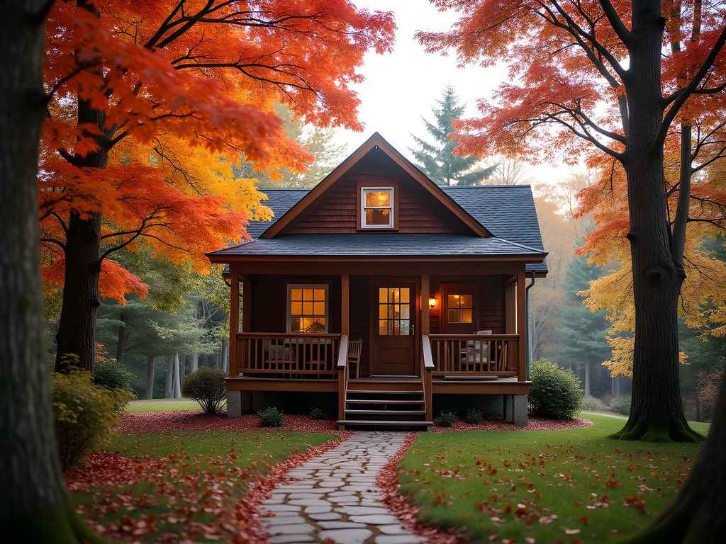 Cozy wooden cottage surrounded by vibrant fall foliage in a secluded Door County forest setting
