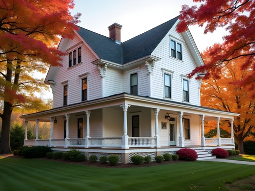 Historic Victorian bed and breakfast with wraparound porch surrounded by fall foliage in Door County