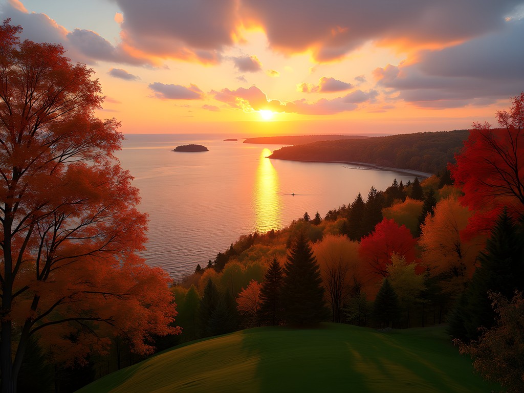 Sunset view from a waterfront resort balcony overlooking Green Bay with fall foliage in Door County