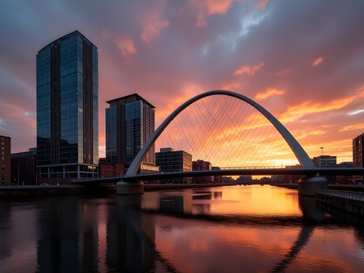 Samuel Beckett Bridge and modern buildings in Dublin's Docklands at sunset
