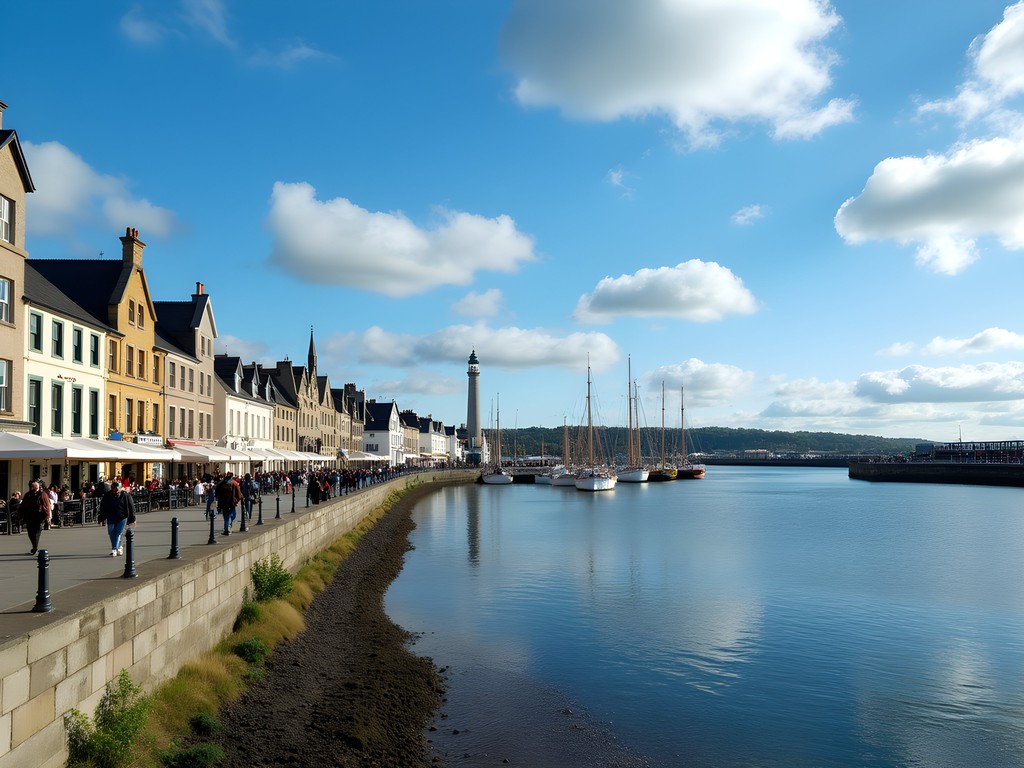 Dún Laoghaire harbor with Victorian buildings and boats in summer