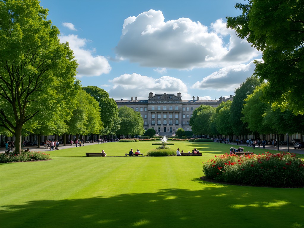 St. Stephen's Green park on a summer day with Georgian buildings visible in background