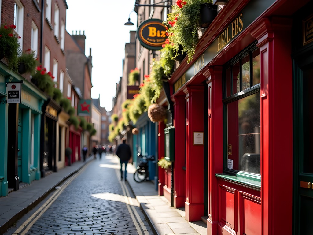 Colorful pubs and cobblestone streets in Temple Bar district, Dublin