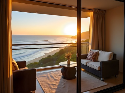 Sunrise view from Nahoon Beach Lodge balcony in East London, South Africa