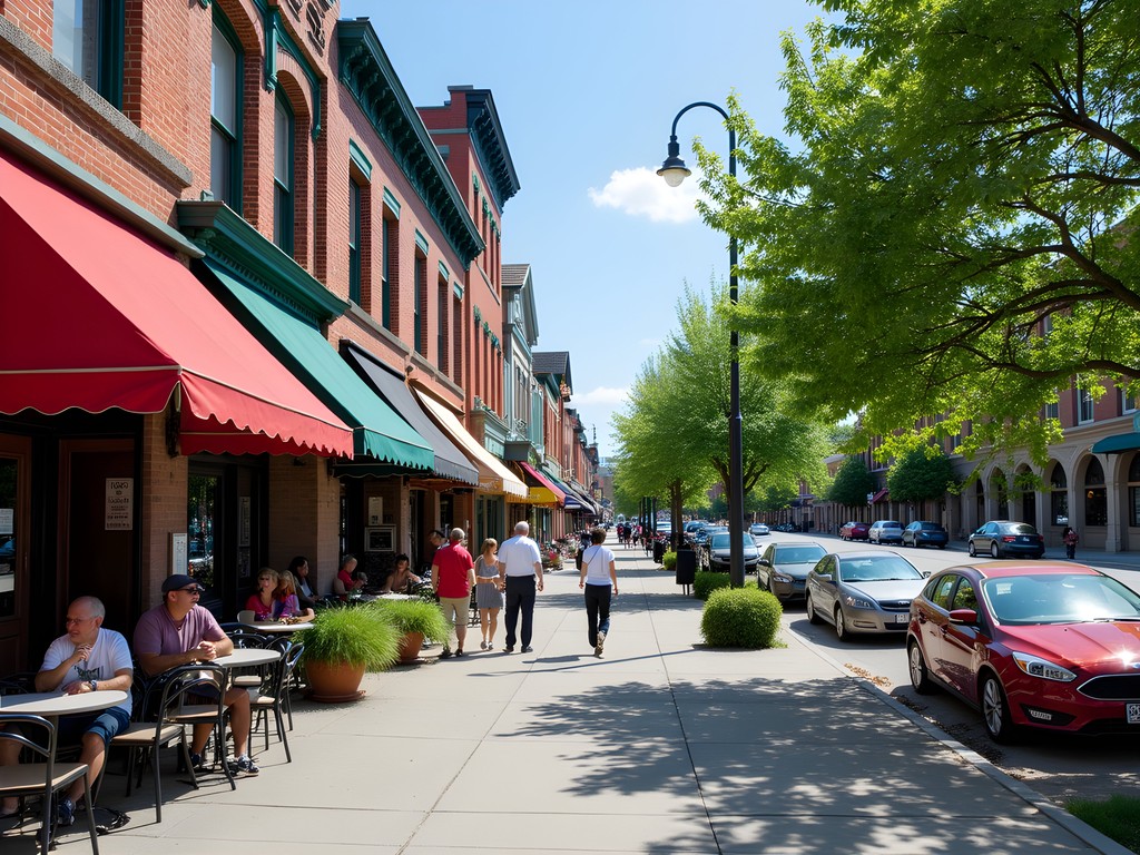 Whyte Avenue in Old Strathcona during summer with historic buildings and pedestrians