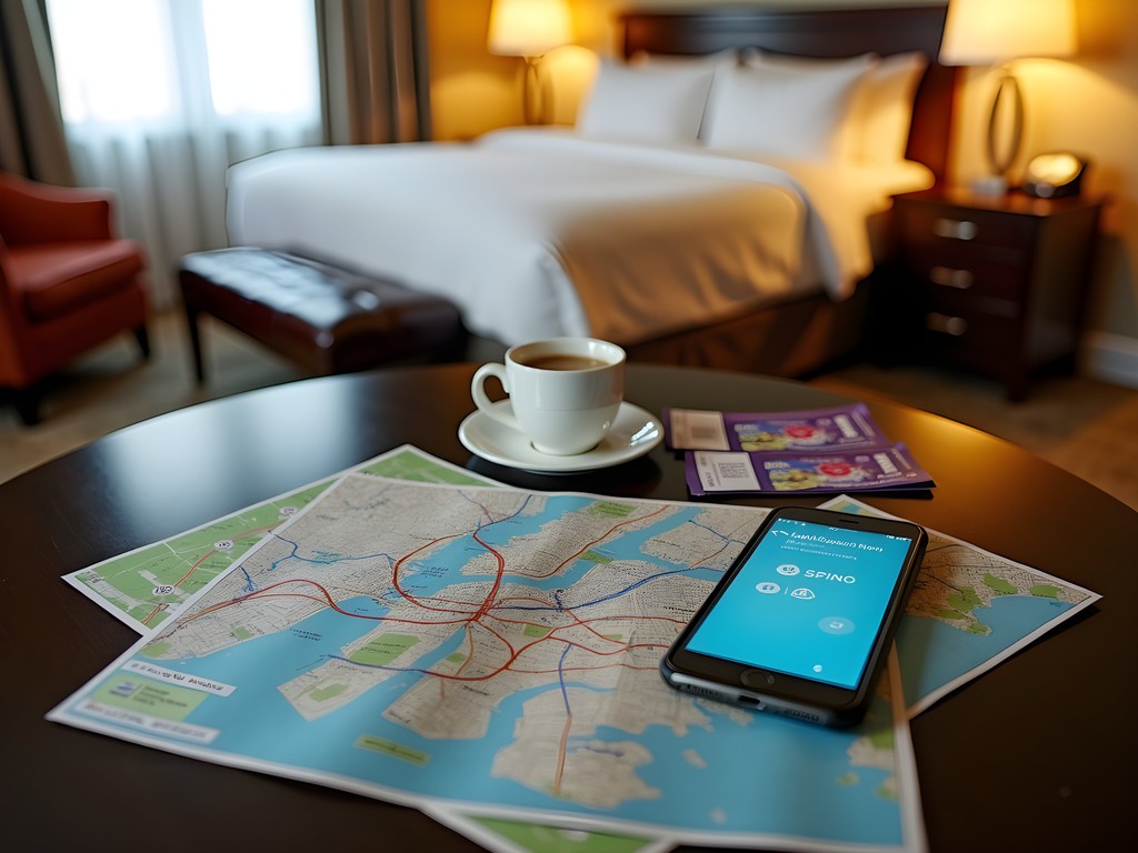 Hotel room in Elizabeth with NYC trip planning materials