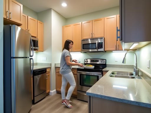 Full kitchen in extended stay accommodation in Fayetteville with military family preparing meal