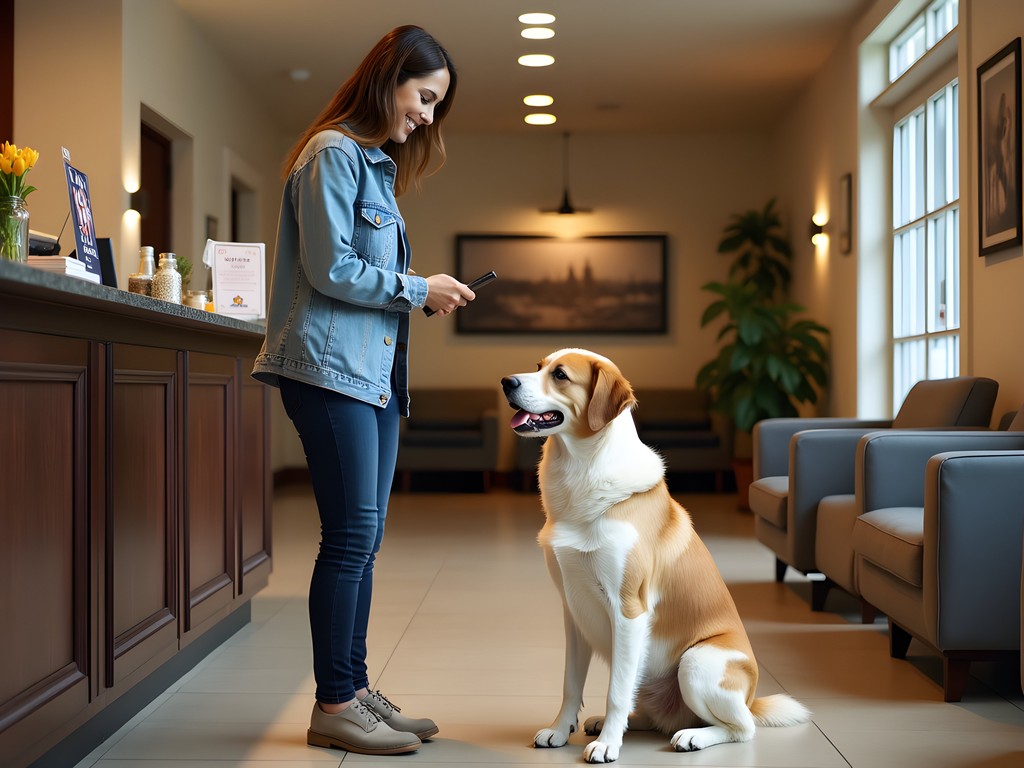 Woman with her dog in a pet-friendly hotel lobby in Fayetteville