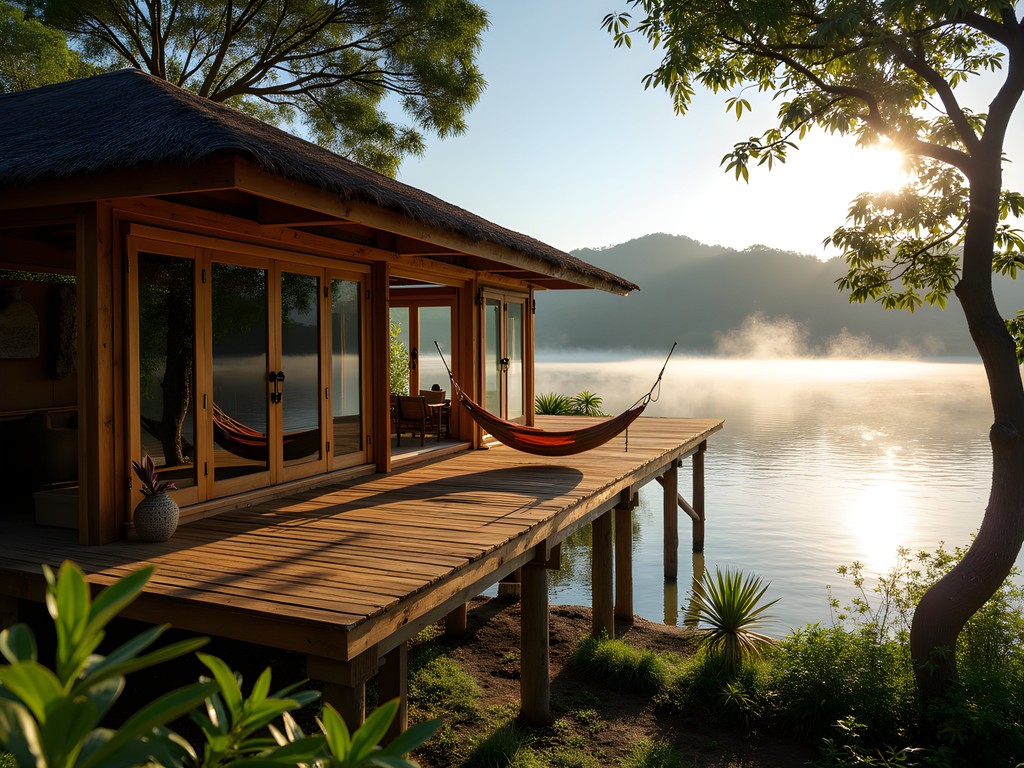 Sustainable eco-lodge cabin with wooden deck overlooking Lagoa da Conceição in Costa da Lagoa, Florianópolis