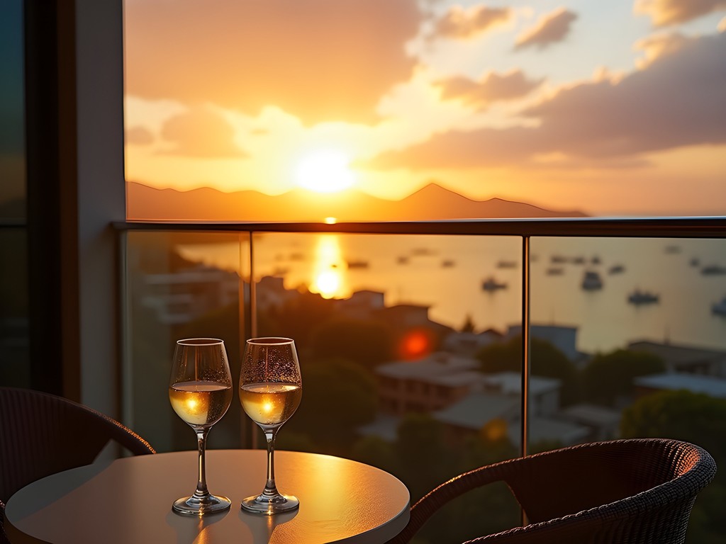 Sunset view from Beira-Mar Norte apartment balcony overlooking North Bay in Florianópolis