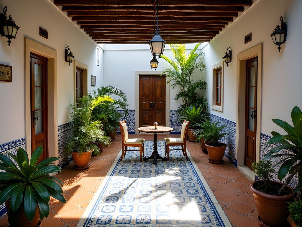 Traditional Azorean architecture courtyard of historic pousada in Santo Antônio de Lisboa, Florianópolis