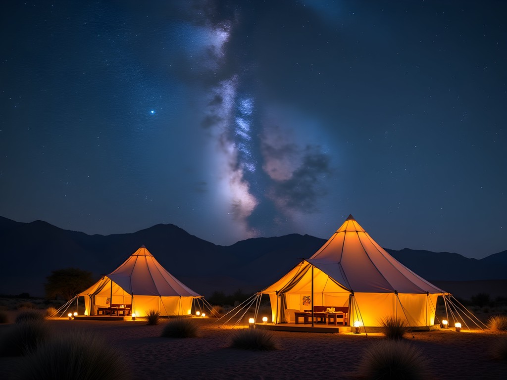 Starry night sky over luxury tents at Miramar Al Aqah Luxury Camp with mountains silhouetted in background