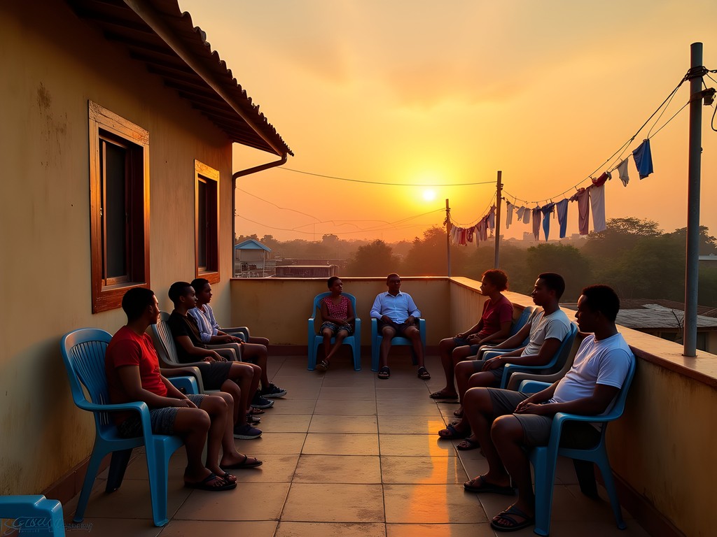 Rooftop terrace of a budget guesthouse in Gabu at sunset with travelers gathered