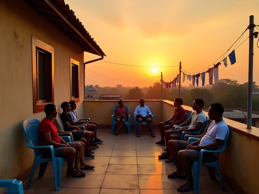 Rooftop terrace of a budget guesthouse in Gabu at sunset with travelers gathered