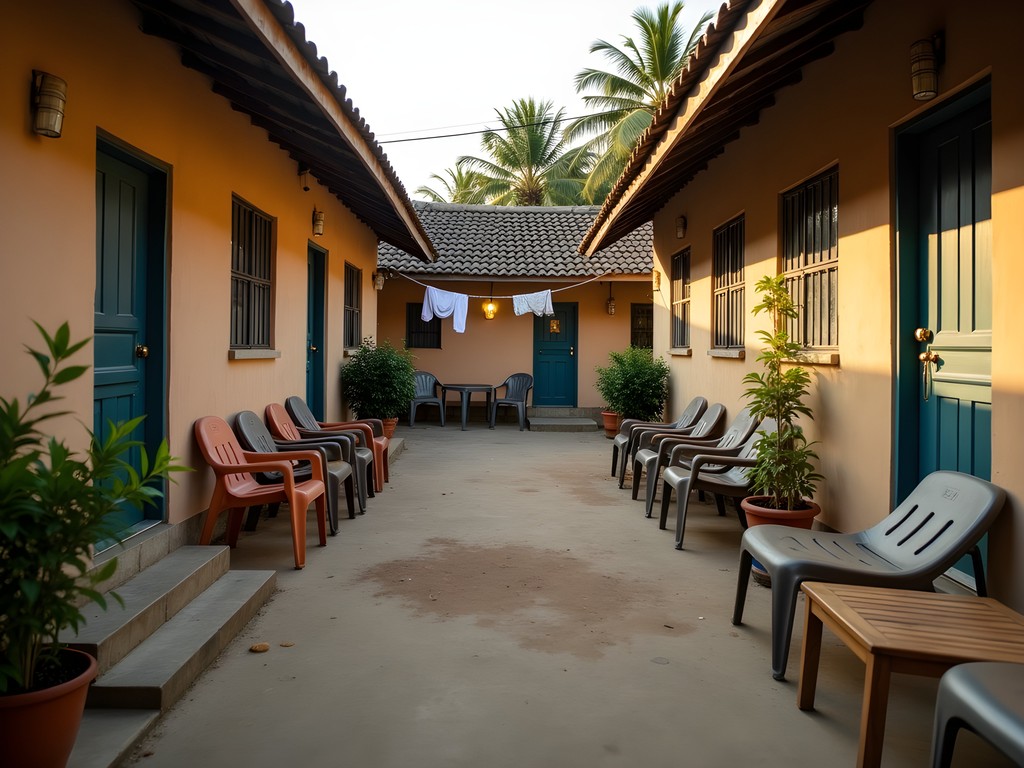 Cozy courtyard of a family guesthouse in Gabu with simple seating and potted plants