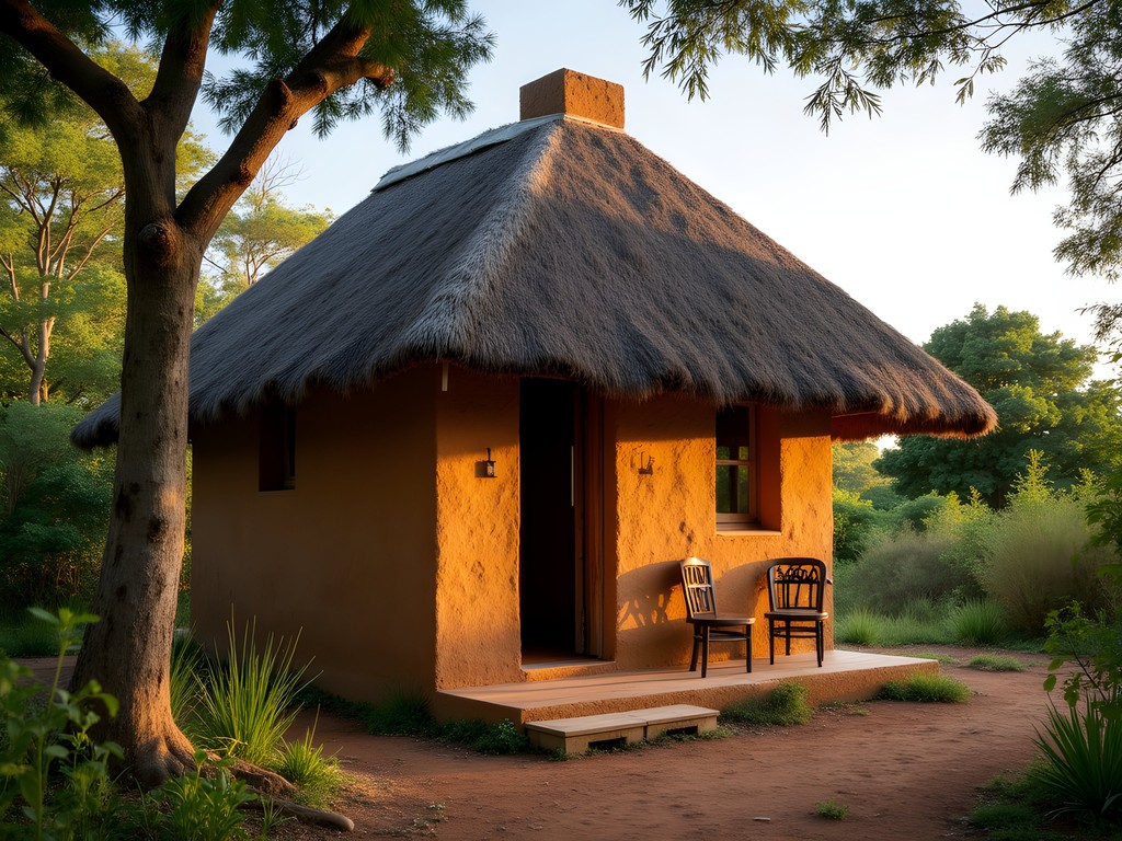 Sustainable bungalow at an eco-lodge outside Gabu with thatched roof and natural materials