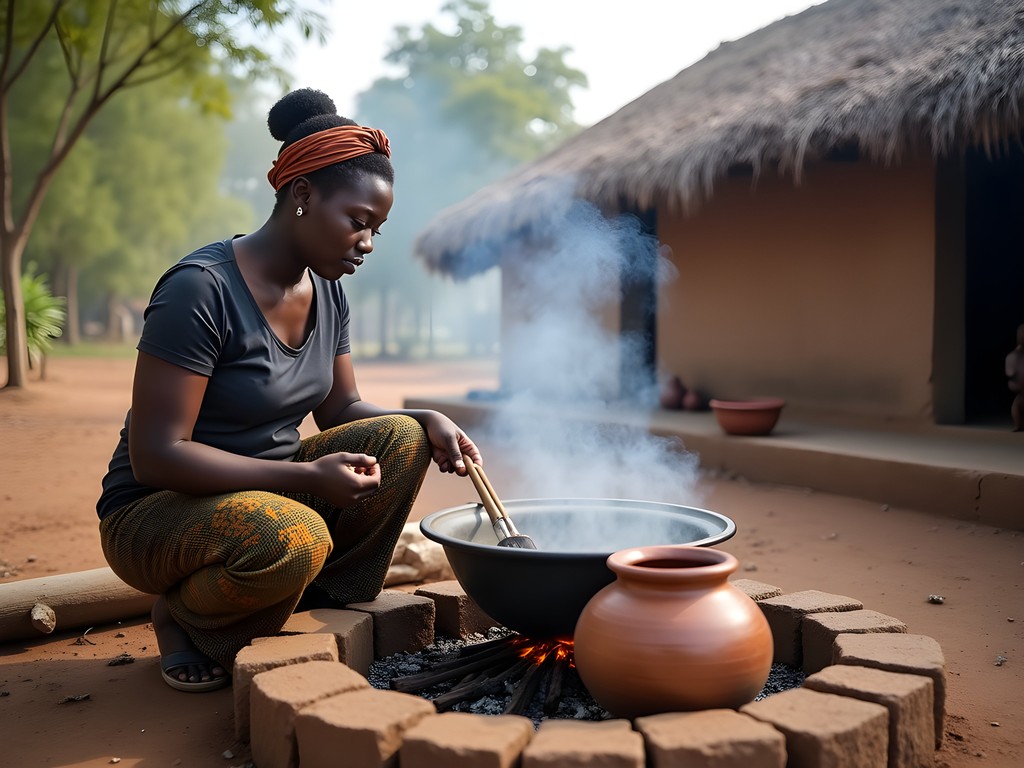 Author learning traditional cooking techniques from host family in rural Guinea-Bissau