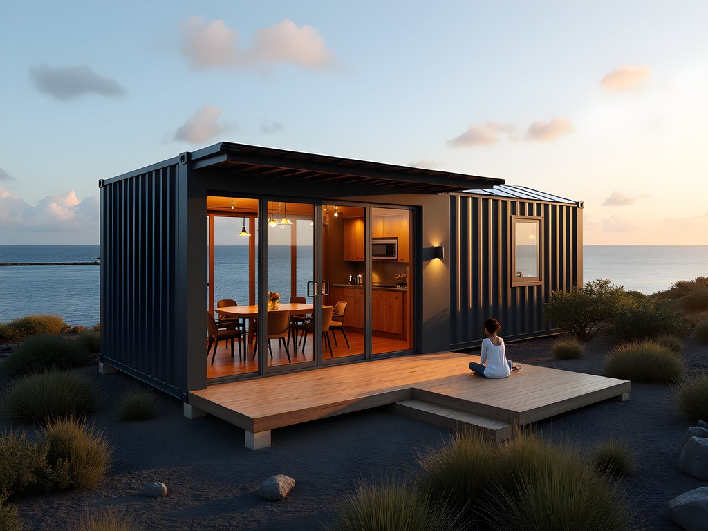 Recycled shipping container cabin at Lava Lodge with sustainable modifications overlooking waterfront