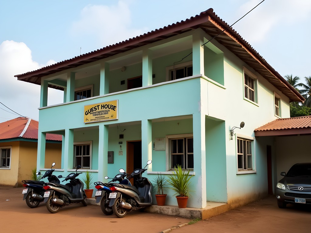 Exterior view of Jackie's Guest House in Ganta showing simple concrete building with colorful trim