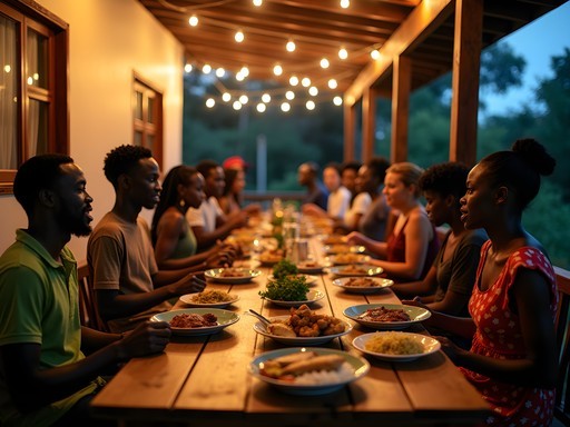 Communal dinner setting at Paloma Guest House with traditional Liberian food